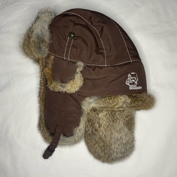 Mad Bomber Hat XL Brown Trapper Rabbit Fur Lined Snap Button Pilot Cap - Picture 2 of 5